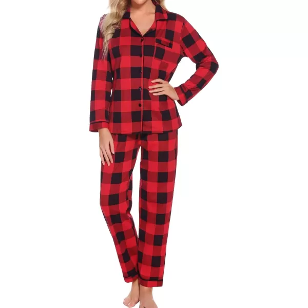 SWOMOG Womens Pajamas Set Long Sleeve Sleepwear Button Down Nightwear Soft Cotton Pj Lounge SetsRed Plaid