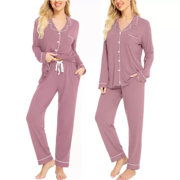 SWOMOG Womens Pajamas Set Long Sleeve Sleepwear Button Down Nightwear Soft Cotton Pj Lounge SetsTaro Purple