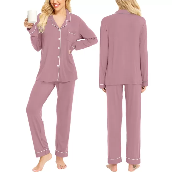 SWOMOG Womens Pajamas Set Long Sleeve Sleepwear Button Down Nightwear Soft Cotton Pj Lounge SetsTaro Purple