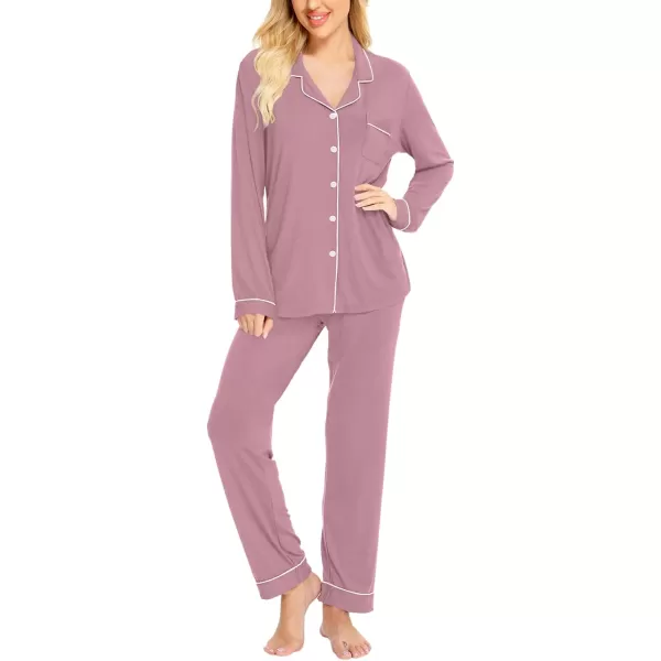 SWOMOG Womens Pajamas Set Long Sleeve Sleepwear Button Down Nightwear Soft Cotton Pj Lounge SetsTaro Purple