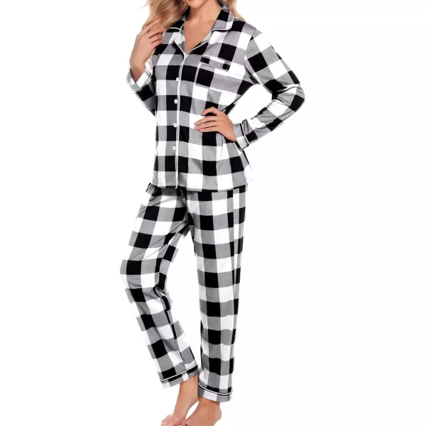 SWOMOG Womens Pajamas Set Long Sleeve Sleepwear Button Down Nightwear Soft Cotton Pj Lounge SetsWhite Plaid