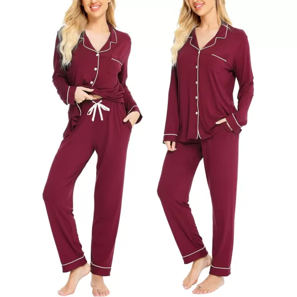 SWOMOG Womens Pajamas Set Long Sleeve Sleepwear Button Down Nightwear Soft Cotton Pj Lounge SetsWine Red