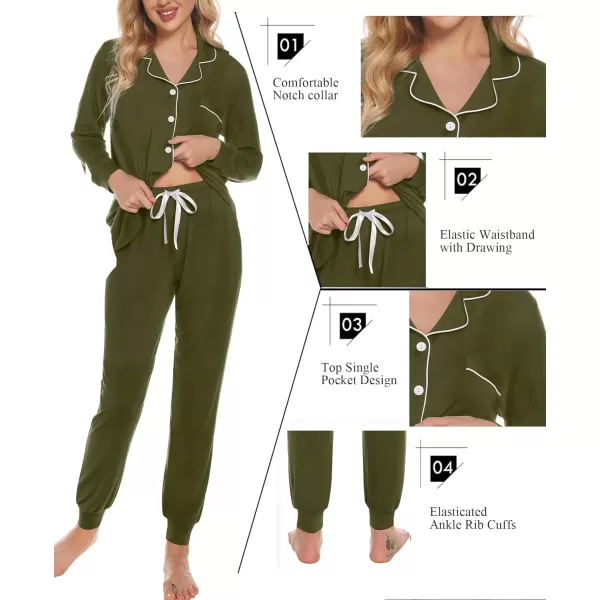 SWOMOG Womens Pajamas Set Long Sleeve Sleepwear Button Down Nightwear Soft Joggers PJs Sets with Pockets Lounge SetsArmy Green