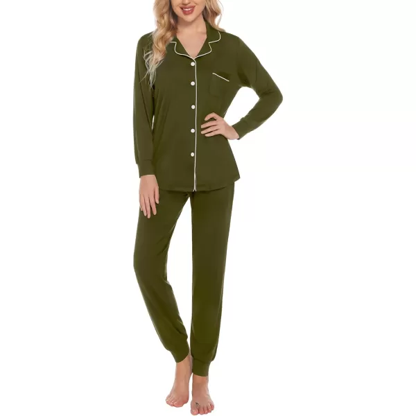 SWOMOG Womens Pajamas Set Long Sleeve Sleepwear Button Down Nightwear Soft Joggers PJs Sets with Pockets Lounge SetsArmy Green