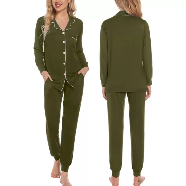 SWOMOG Womens Pajamas Set Long Sleeve Sleepwear Button Down Nightwear Soft Joggers PJs Sets with Pockets Lounge SetsArmy Green