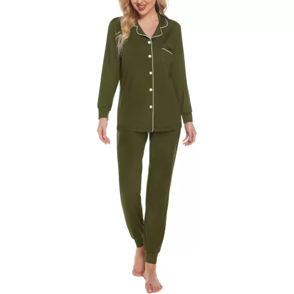 SWOMOG Womens Pajamas Set Long Sleeve Sleepwear Button Down Nightwear Soft Joggers PJs Sets with Pockets Lounge SetsArmy Green