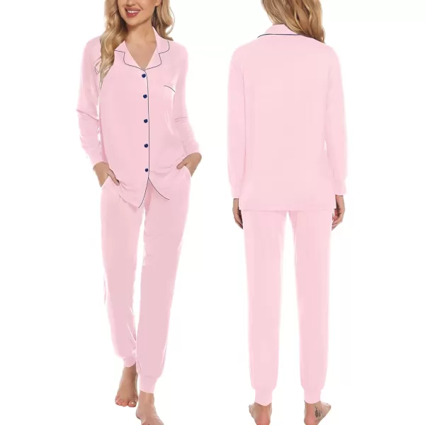 SWOMOG Womens Pajamas Set Long Sleeve Sleepwear Button Down Nightwear Soft Joggers PJs Sets with Pockets Lounge SetsPink