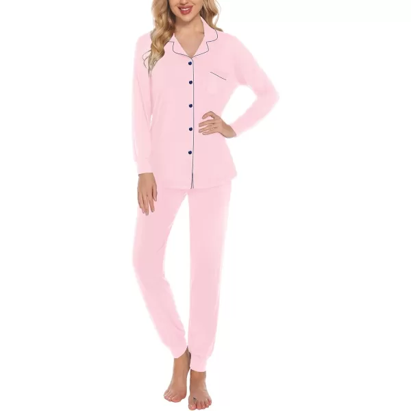 SWOMOG Womens Pajamas Set Long Sleeve Sleepwear Button Down Nightwear Soft Joggers PJs Sets with Pockets Lounge SetsPink
