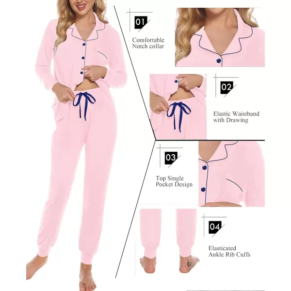 SWOMOG Womens Pajamas Set Long Sleeve Sleepwear Button Down Nightwear Soft Joggers PJs Sets with Pockets Lounge SetsPink