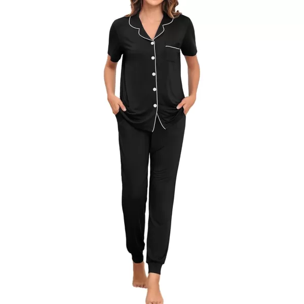 SWOMOG Womens Pajamas Set Long Sleeve Sleepwear Button Down Nightwear Soft Joggers PJs Sets with Pockets Lounge SetsShort Sleeveblack