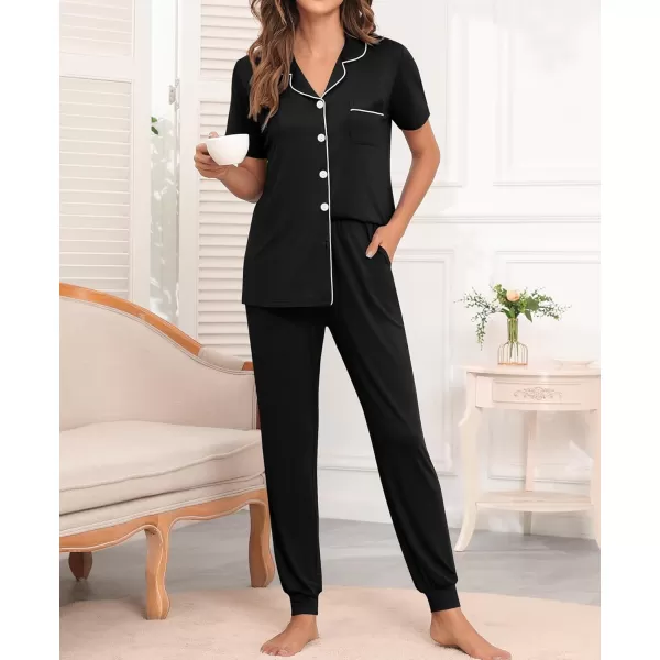 SWOMOG Womens Pajamas Set Long Sleeve Sleepwear Button Down Nightwear Soft Joggers PJs Sets with Pockets Lounge SetsShort Sleeveblack