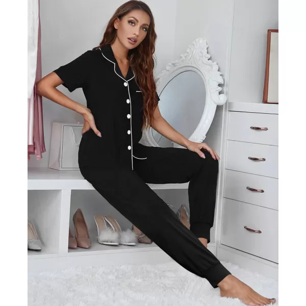 SWOMOG Womens Pajamas Set Long Sleeve Sleepwear Button Down Nightwear Soft Joggers PJs Sets with Pockets Lounge SetsShort Sleeveblack