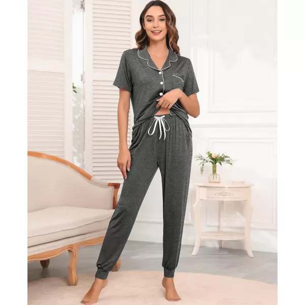 SWOMOG Womens Pajamas Set Long Sleeve Sleepwear Button Down Nightwear Soft Joggers PJs Sets with Pockets Lounge SetsShort Sleevedark Grey