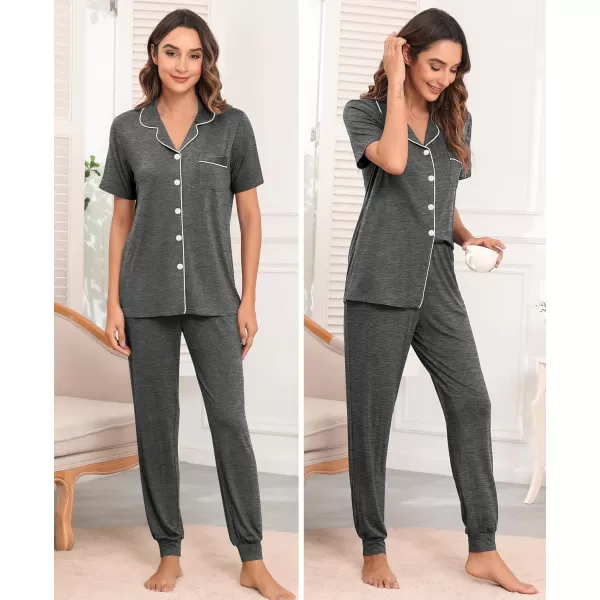 SWOMOG Womens Pajamas Set Long Sleeve Sleepwear Button Down Nightwear Soft Joggers PJs Sets with Pockets Lounge SetsShort Sleevedark Grey