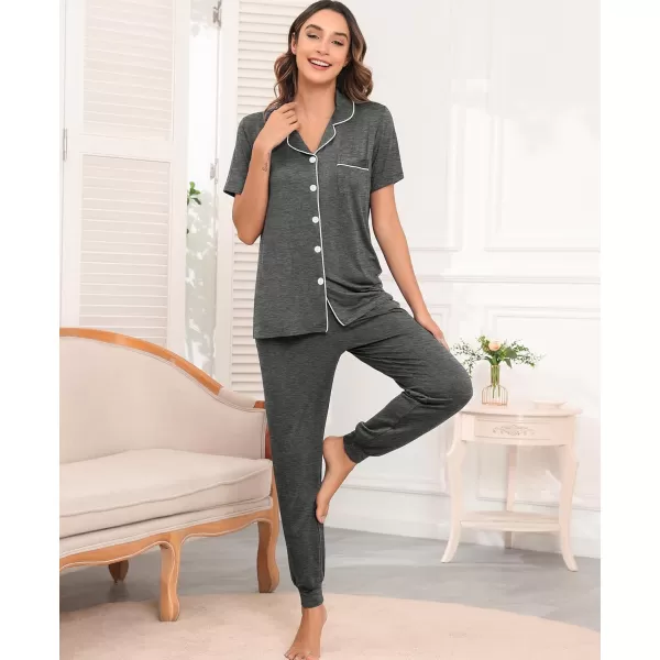 SWOMOG Womens Pajamas Set Long Sleeve Sleepwear Button Down Nightwear Soft Joggers PJs Sets with Pockets Lounge SetsShort Sleevedark Grey