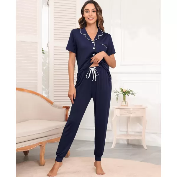 SWOMOG Womens Pajamas Set Long Sleeve Sleepwear Button Down Nightwear Soft Joggers PJs Sets with Pockets Lounge SetsShort Sleevenavy Blue