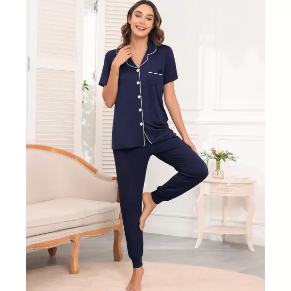 SWOMOG Womens Pajamas Set Long Sleeve Sleepwear Button Down Nightwear Soft Joggers PJs Sets with Pockets Lounge SetsShort Sleevenavy Blue