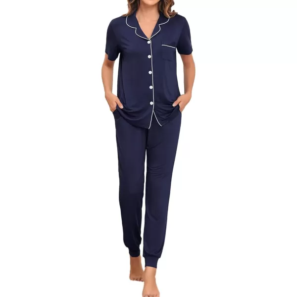 SWOMOG Womens Pajamas Set Long Sleeve Sleepwear Button Down Nightwear Soft Joggers PJs Sets with Pockets Lounge SetsShort Sleevenavy Blue