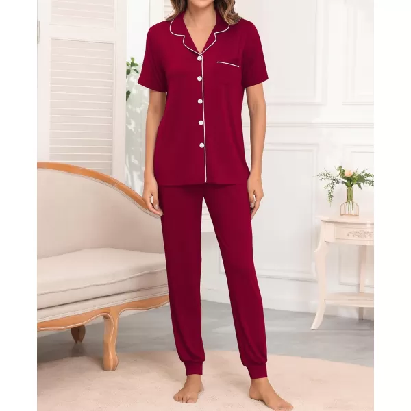 SWOMOG Womens Pajamas Set Long Sleeve Sleepwear Button Down Nightwear Soft Joggers PJs Sets with Pockets Lounge SetsShort Sleevewine Red