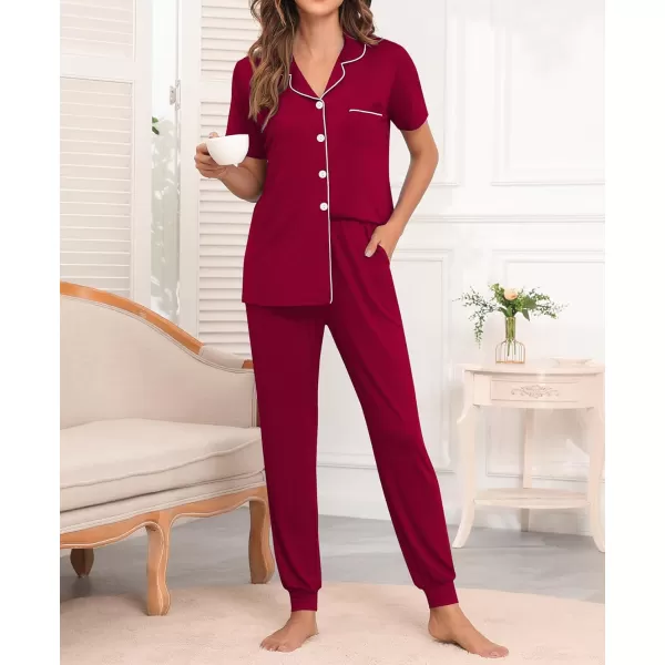 SWOMOG Womens Pajamas Set Long Sleeve Sleepwear Button Down Nightwear Soft Joggers PJs Sets with Pockets Lounge SetsShort Sleevewine Red