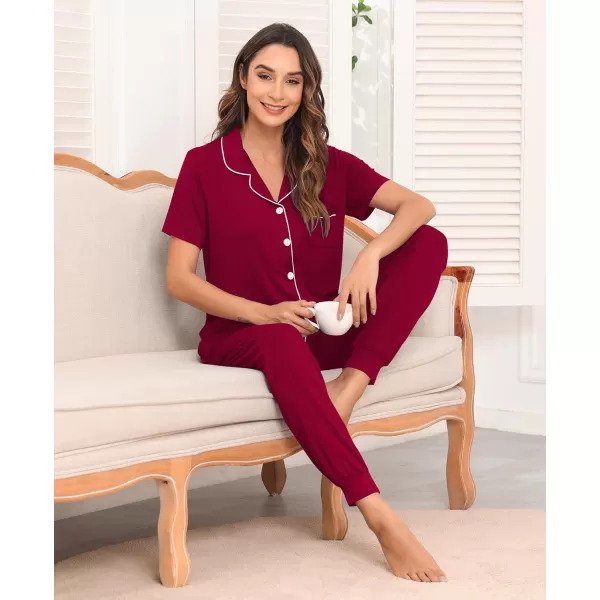 SWOMOG Womens Pajamas Set Long Sleeve Sleepwear Button Down Nightwear Soft Joggers PJs Sets with Pockets Lounge SetsShort Sleevewine Red