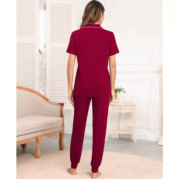 SWOMOG Womens Pajamas Set Long Sleeve Sleepwear Button Down Nightwear Soft Joggers PJs Sets with Pockets Lounge SetsShort Sleevewine Red