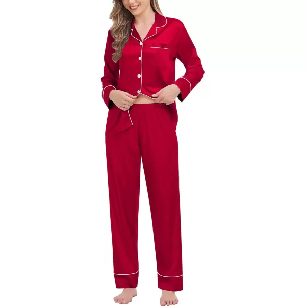 SWOMOG Womens Satin Pajamas Long Sleeve Sleepwear Silk Soft Button Down Loungewear Pjs Set SXXLA  Reda