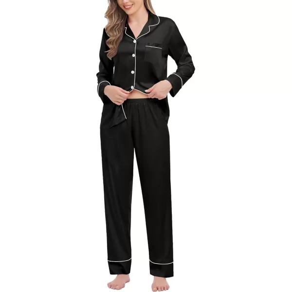 SWOMOG Womens Satin Pajamas Long Sleeve Sleepwear Silk Soft Button Down Loungewear Pjs Set SXXLBlack