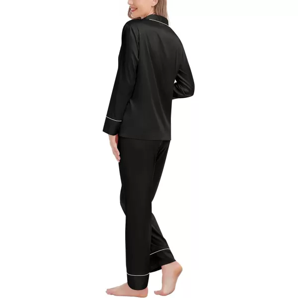 SWOMOG Womens Satin Pajamas Long Sleeve Sleepwear Silk Soft Button Down Loungewear Pjs Set SXXLBlack