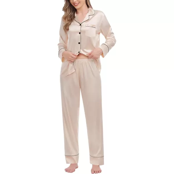 SWOMOG Womens Satin Pajamas Long Sleeve Sleepwear Silk Soft Button Down Loungewear Pjs Set SXXLChampagne