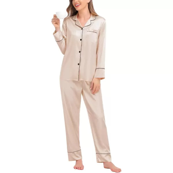 SWOMOG Womens Satin Pajamas Long Sleeve Sleepwear Silk Soft Button Down Loungewear Pjs Set SXXLChampagne