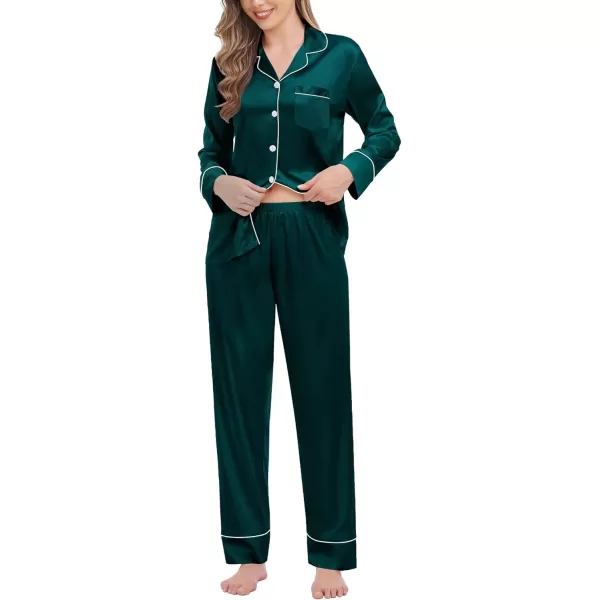 SWOMOG Womens Satin Pajamas Long Sleeve Sleepwear Silk Soft Button Down Loungewear Pjs Set SXXLDeep Green