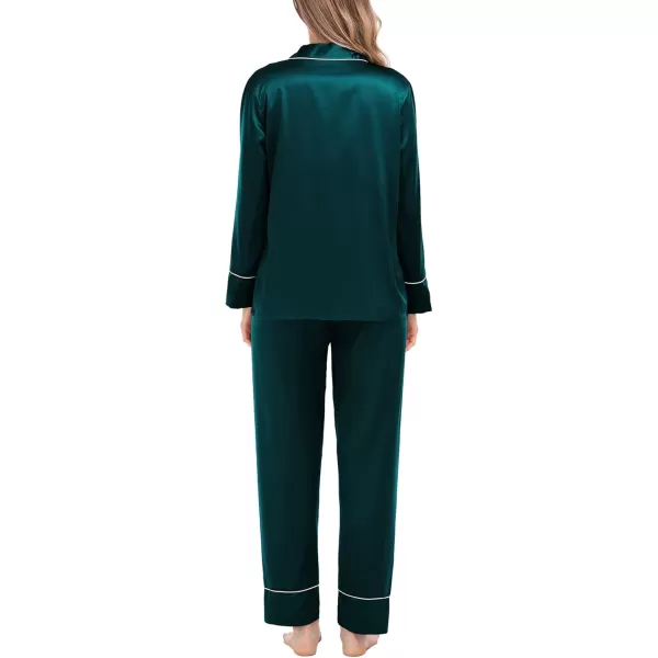 SWOMOG Womens Satin Pajamas Long Sleeve Sleepwear Silk Soft Button Down Loungewear Pjs Set SXXLDeep Green