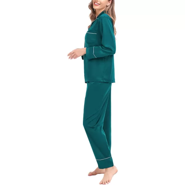 SWOMOG Womens Satin Pajamas Long Sleeve Sleepwear Silk Soft Button Down Loungewear Pjs Set SXXLGreen