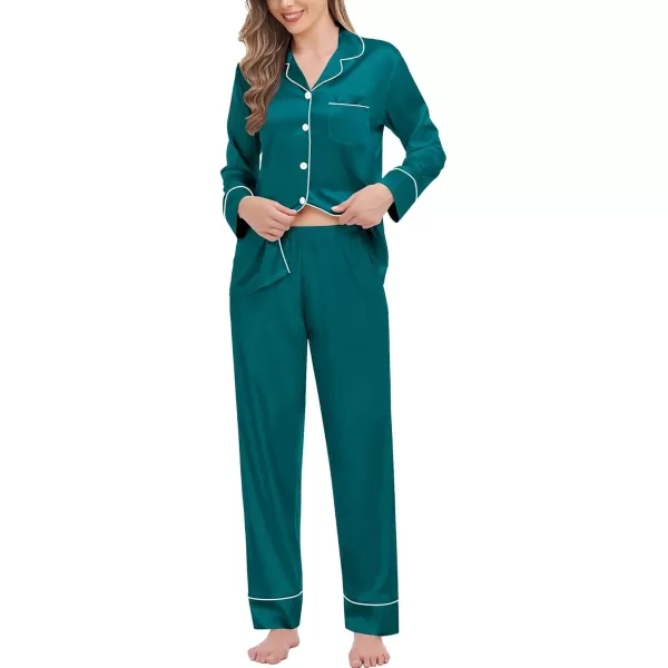 SWOMOG Womens Satin Pajamas Long Sleeve Sleepwear Silk Soft Button Down Loungewear Pjs Set SXXLGreen