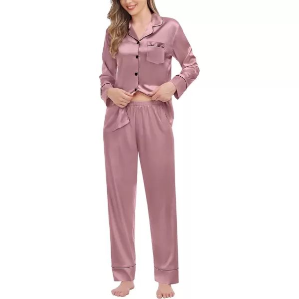 SWOMOG Womens Satin Pajamas Long Sleeve Sleepwear Silk Soft Button Down Loungewear Pjs Set SXXLMisty Rose