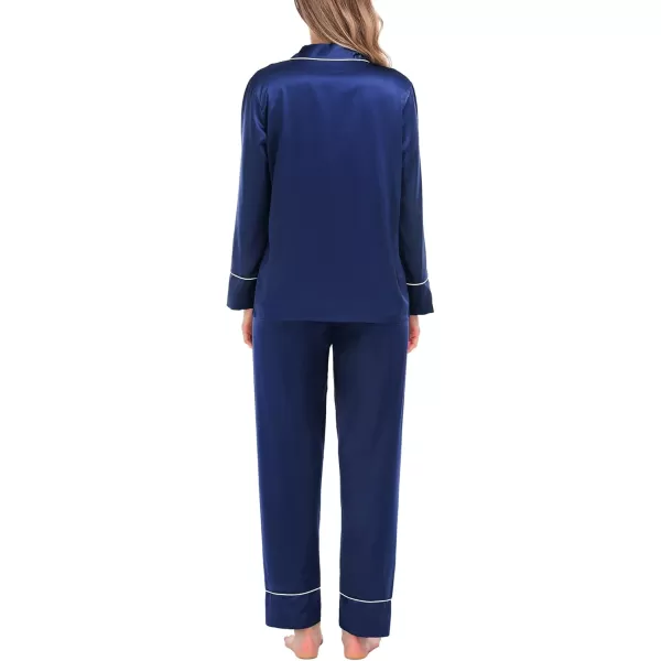 SWOMOG Womens Satin Pajamas Long Sleeve Sleepwear Silk Soft Button Down Loungewear Pjs Set SXXLNavy Blue