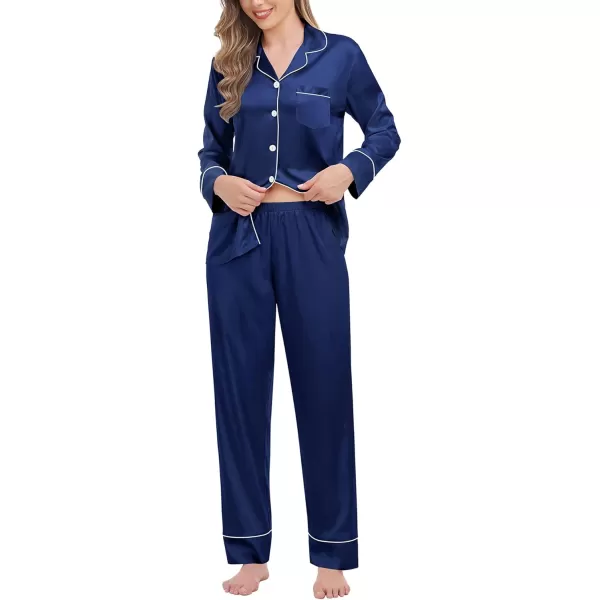 SWOMOG Womens Satin Pajamas Long Sleeve Sleepwear Silk Soft Button Down Loungewear Pjs Set SXXLNavy Blue