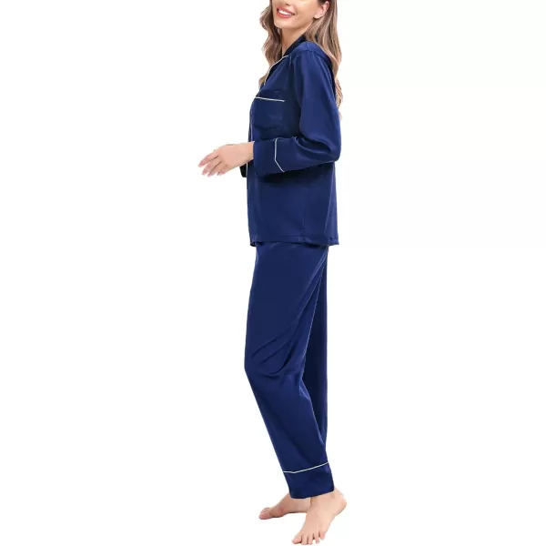 SWOMOG Womens Satin Pajamas Long Sleeve Sleepwear Silk Soft Button Down Loungewear Pjs Set SXXLNavy Blue