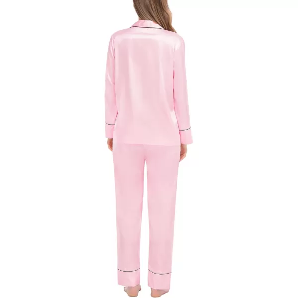 SWOMOG Womens Satin Pajamas Long Sleeve Sleepwear Silk Soft Button Down Loungewear Pjs Set SXXLPink