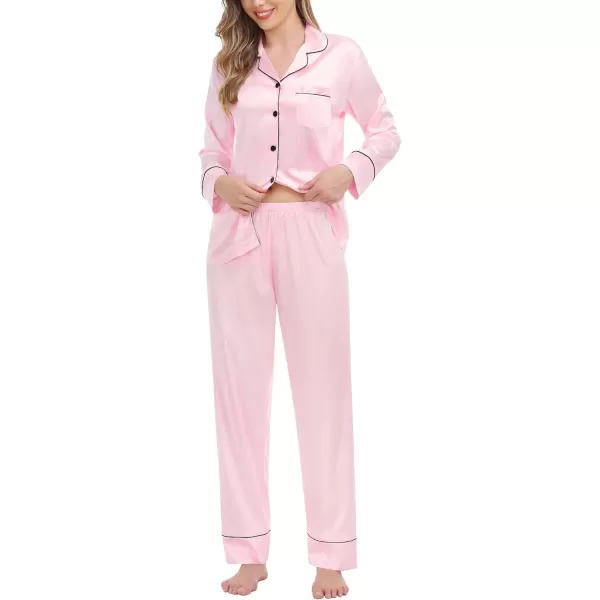 SWOMOG Womens Satin Pajamas Long Sleeve Sleepwear Silk Soft Button Down Loungewear Pjs Set SXXLPink