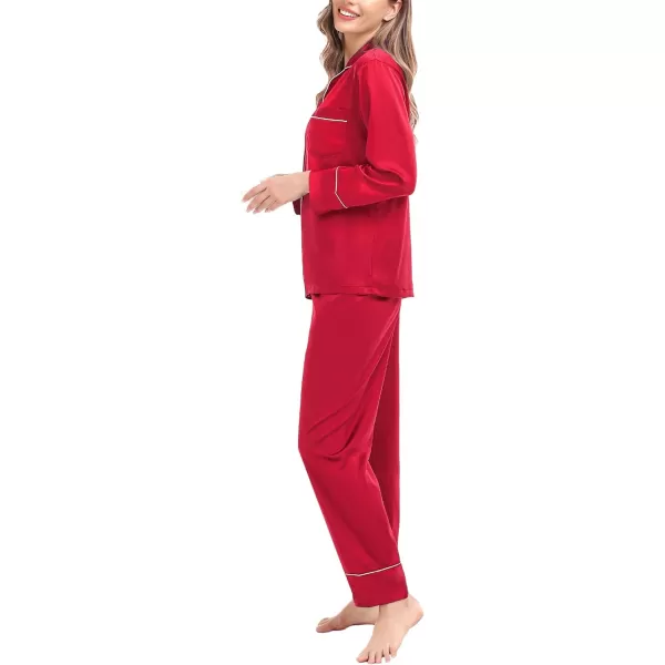 SWOMOG Womens Satin Pajamas Long Sleeve Sleepwear Silk Soft Button Down Loungewear Pjs Set SXXLRed