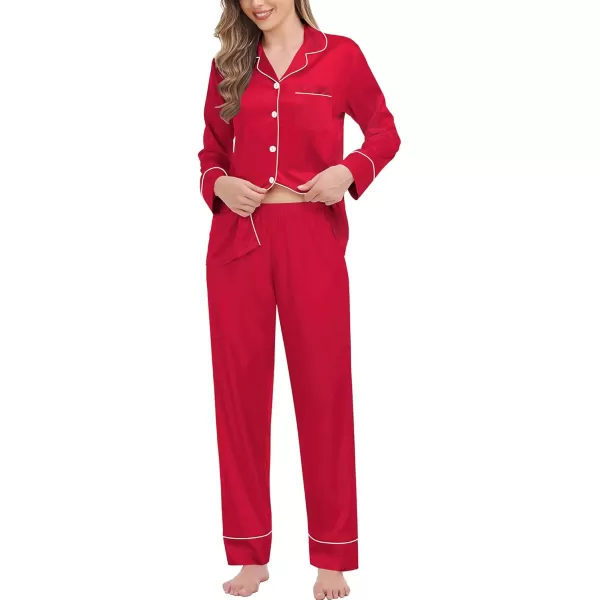 SWOMOG Womens Satin Pajamas Long Sleeve Sleepwear Silk Soft Button Down Loungewear Pjs Set SXXLRed