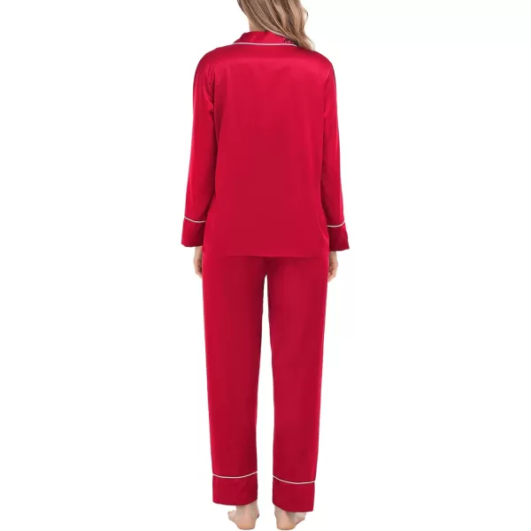 SWOMOG Womens Satin Pajamas Long Sleeve Sleepwear Silk Soft Button Down Loungewear Pjs Set SXXLRed