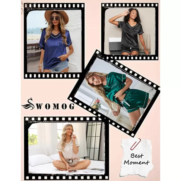 SWOMOG Womens Satin Pajamas Set 2 Piece Silk Pjs Shorts Set Short Sleeve Bride Loungewear Soft V Neck Pj Silky Sleepwear Champagne Small