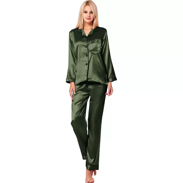 SWOMOG Womens Silk Satin Pajamas Set Long Sleeve Button Down Sleepwear 2 Piece Lounge Set Pj Set XS3XLArmy Green