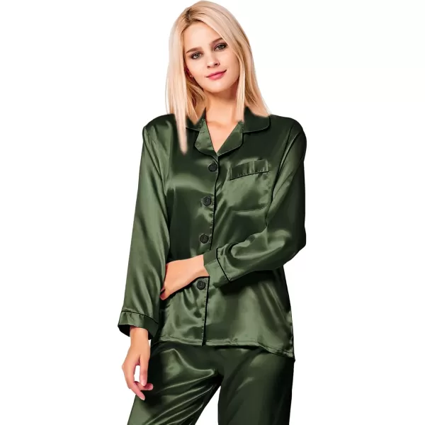 SWOMOG Womens Silk Satin Pajamas Set Long Sleeve Button Down Sleepwear 2 Piece Lounge Set Pj Set XS3XLArmy Green