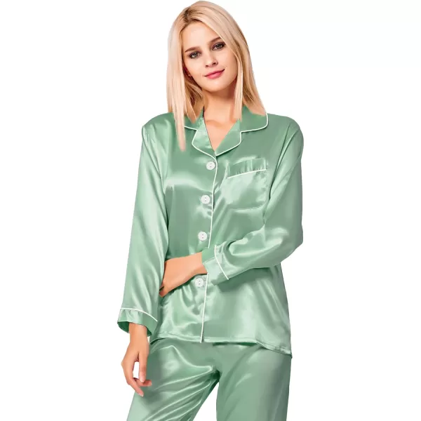 SWOMOG Womens Silk Satin Pajamas Set Long Sleeve Button Down Sleepwear 2 Piece Lounge Set Pj Set XS3XLAvocado Green