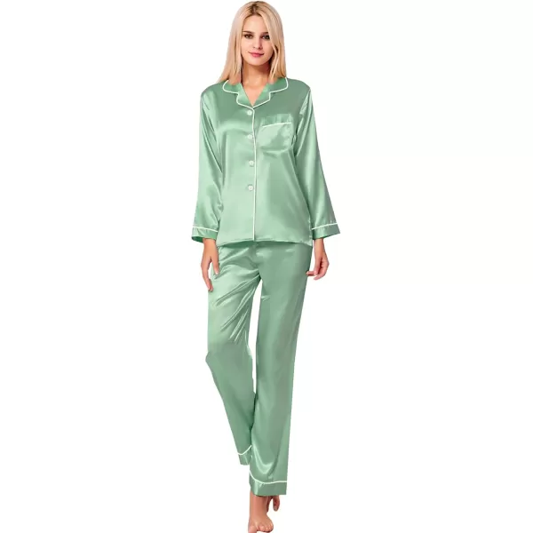 SWOMOG Womens Silk Satin Pajamas Set Long Sleeve Button Down Sleepwear 2 Piece Lounge Set Pj Set XS3XLAvocado Green