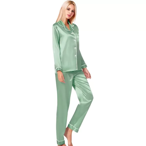 SWOMOG Womens Silk Satin Pajamas Set Long Sleeve Button Down Sleepwear 2 Piece Lounge Set Pj Set XS3XLAvocado Green